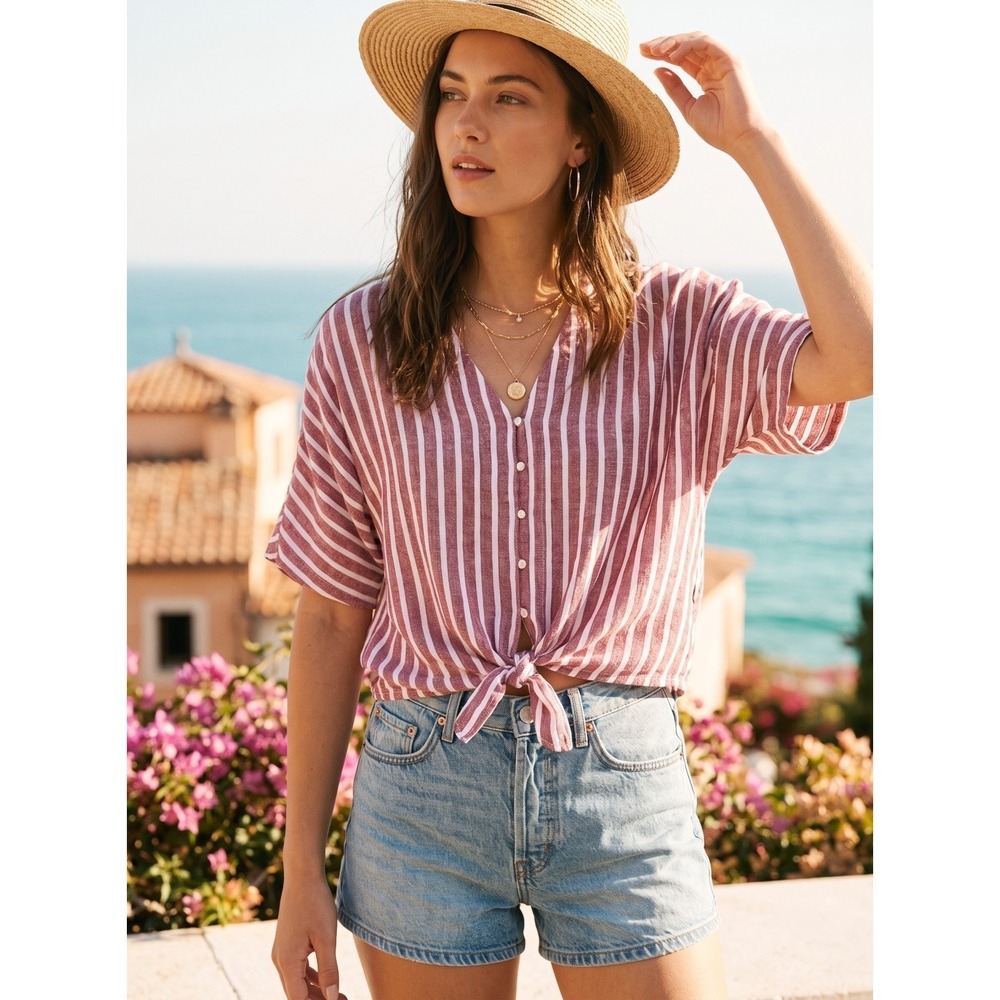 Rails Thea Tie Front Striped Linen Blend Top Milos Stripe Red White NWT XS